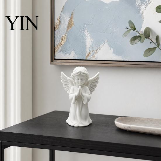 Stable Wide Base Angel Decoration 3D Printed Praying Statue, Elegant Matte White Cherub Figurine with Detailed Drop Resistant Odor Free Decor
