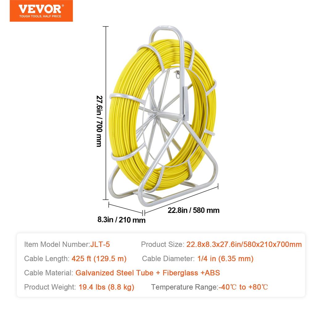 VEVOR Fish Tape Fiberglass, 129.5 m, 6.4 mm, Duct Rodder Fishtape Wire Puller, Cable Running Rod with Steel Reel Stand, 3 Pulling Heads