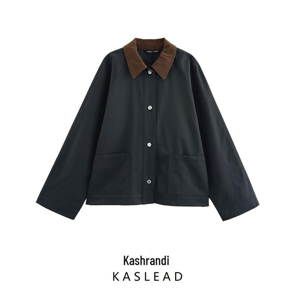 2024 Winter Women's European & American Style Corduroy Collar Waxed Leather Jacket