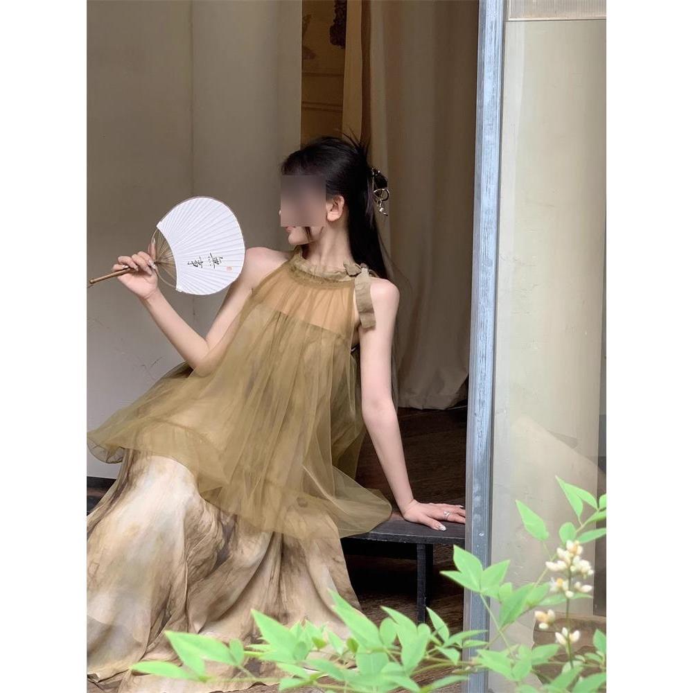 Новое женское летнее элегантное платье в китайском стиле с сетчатым галстуком на шее, тай-дай, нишевый дизайн, имитация двух частей, длинное платье
