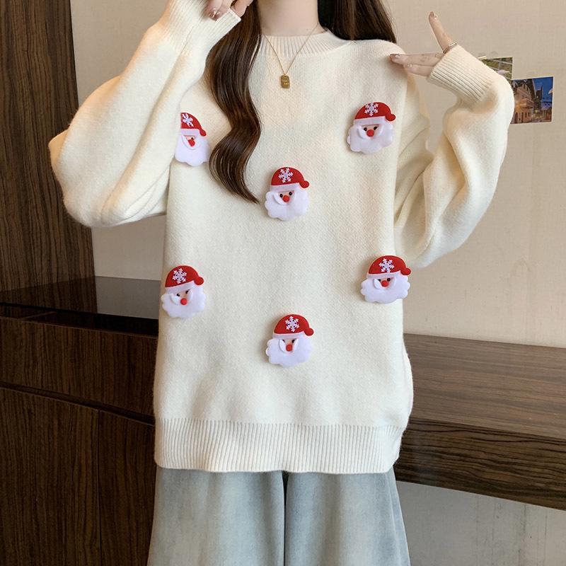 Women's Stylish Slimming Red Christmas Sweater - Age-Reducing, Loose Belly-Covering Knitwear for Autumn/Winter