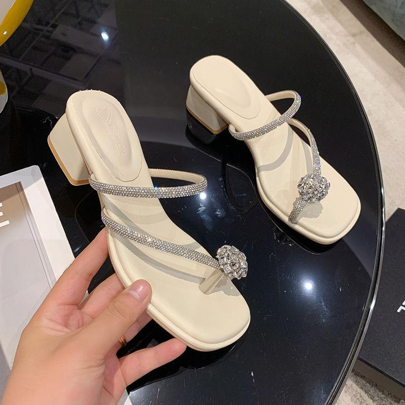 Versatile sandals flip-flops 2024 summer new French thick heel set toe high-end sense rhinestone outer slippers tide