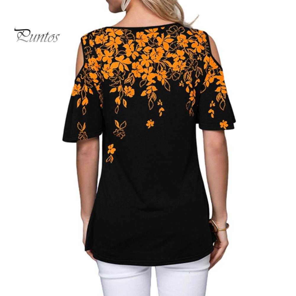 Женская сексуальная футболка с коротким рукавом с круглым вырезом и цветочным принтом, свободная футболка с открытыми плечами