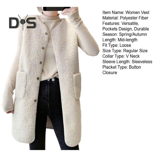 Women Vest Stylish Casual Sleeveless Coat V Neck Button Closure Lady Jacket with Pocket for Daily Wear