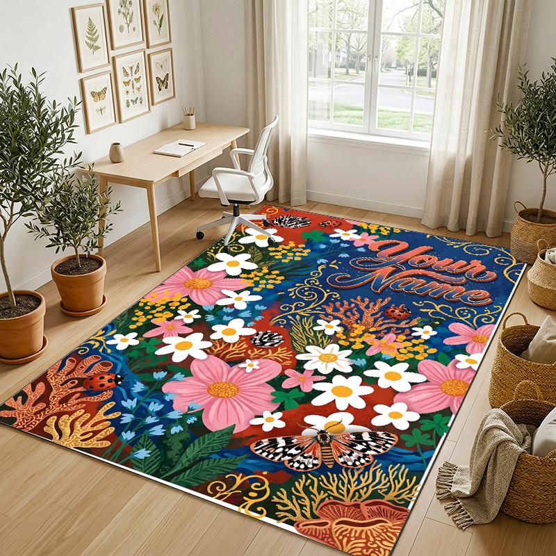 Floral Fantasy Theme Soft Crystal Velvet Rug Custom Name & Text Print Non Slip Floor Rug for Bedroom Living Room
