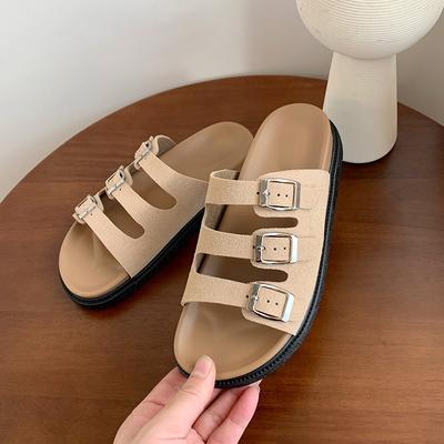 Женские тапочки Boken 2025 года, повседневные, с пряжкой на ремне, с мягкой подошвой, одно слово, с плоской подошвой