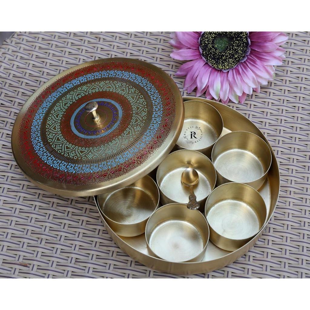 Pure Brass Spice Box | 8 INCH Round | BIDRI Work | Box Includes 7 Containers and 1 Spoon
