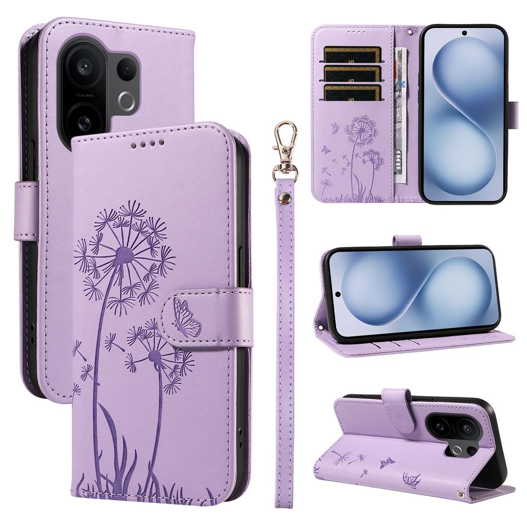 Для vivo X200 FE 5G/vivo S30 Pro mini 5G Кожаный чехол-кошелек с ремешком, оттиск одуванчика, чехол-подставка для телефона