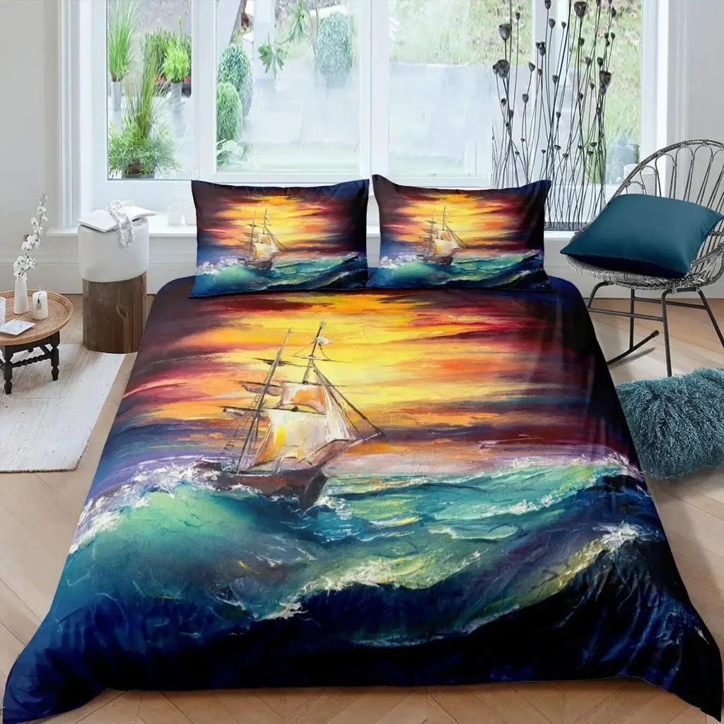 Funny Pirate Cat Duvet Cover Set Cat Riding Whale Japanese-Style Sea Wave Bedding Sets Stripe Lines Comforter Cover Full Queen