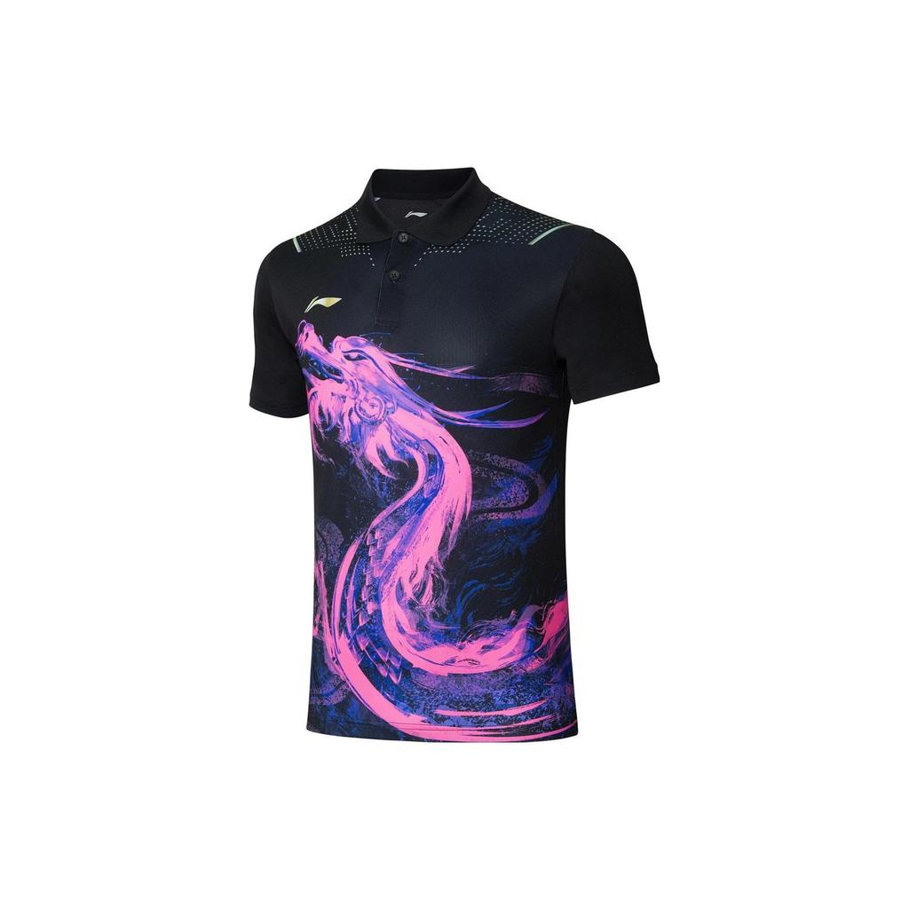 Li Ning Ping Pong Series Dragon Print Breathable Casual Short Sleeve Polo Shirt Men Polo Shirts Black APLR109-2