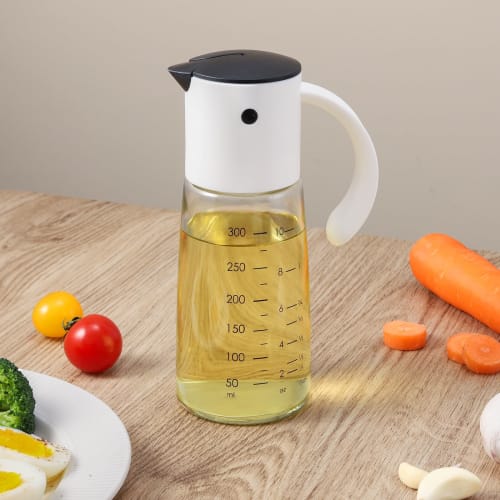 VKCHEF Drip-Free Glass Oil Bottle and Soy Sauce Dispenser, One-Handed, for Condiments, Dressings, Soy Sauce, Vinegar, and Oil, 300ml Capacity, White,