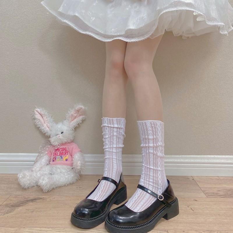 Lolita Ik Hollow Socks Women'S Spring And Summer Thin Sweet Medium Tube Socks Double Lace Bow Calf Socks
