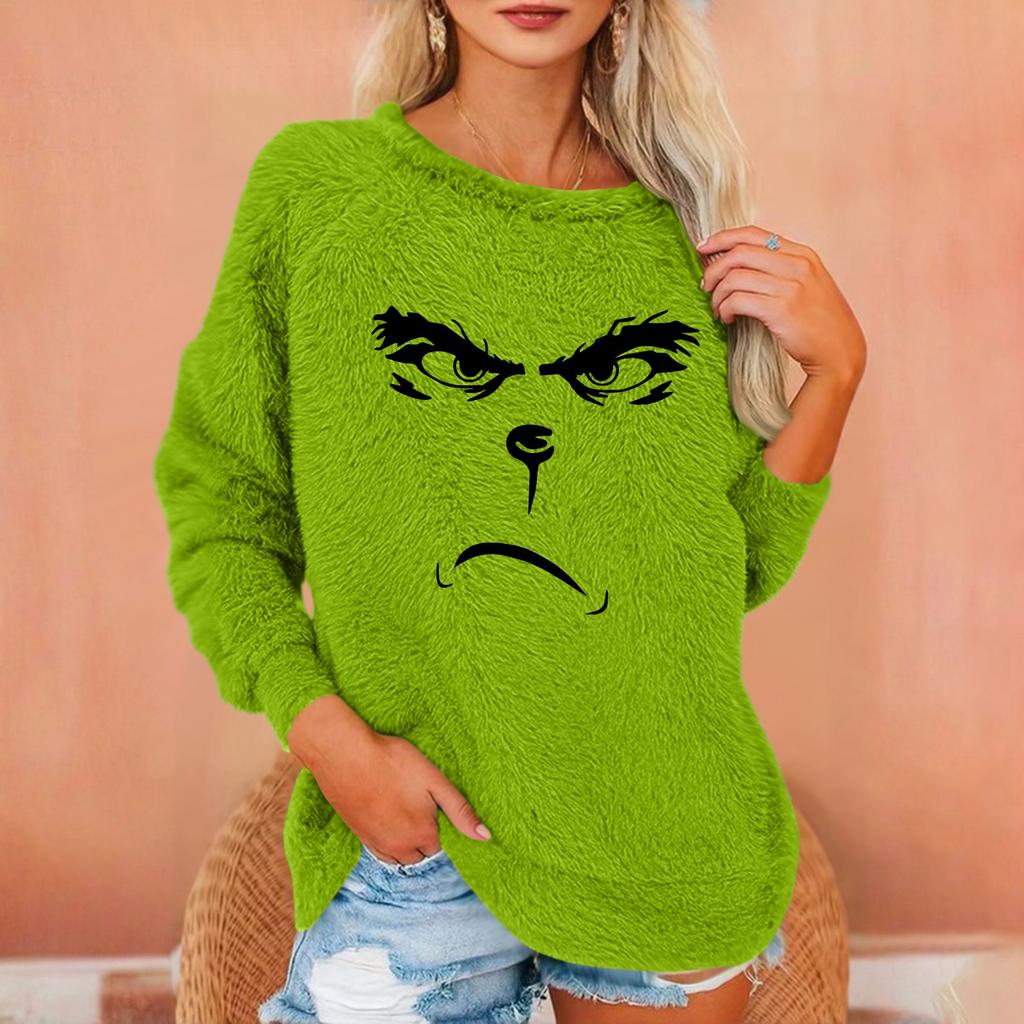 Женский модный пуловер с круглым вырезом, длинными рукавами, рождественским принтом, свободного кроя, плюшевый, теплый