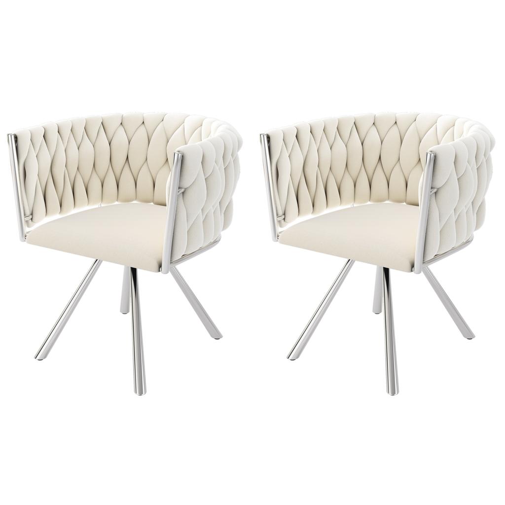 Velvet Dining Chair, Set of 2, Single Light Luxury Living Room Bedroom Swivel Chair, Leisure Swivel Chair with Four Metal Support Legs, Beige+Silver