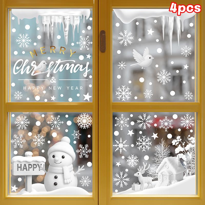 Christmas Decorations, White Snowflakes, Snowmen, Static Cling Stickers, Shop Window Decorations, Glass Stickers