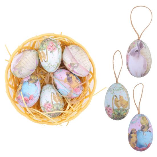 6 шт. имитация пасхальных яиц, расписные яйца с подвесным украшением на веревке, искусственные пасхальные украшения для яиц с корзиной для весенних праздников, аксессуары для вечеринок