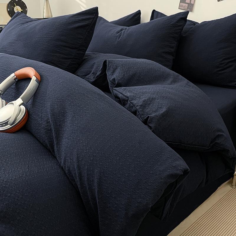 Japanese Simple Seersucker 4 Piece Bedding Set Sheet And Quilt Cover For Dormitory