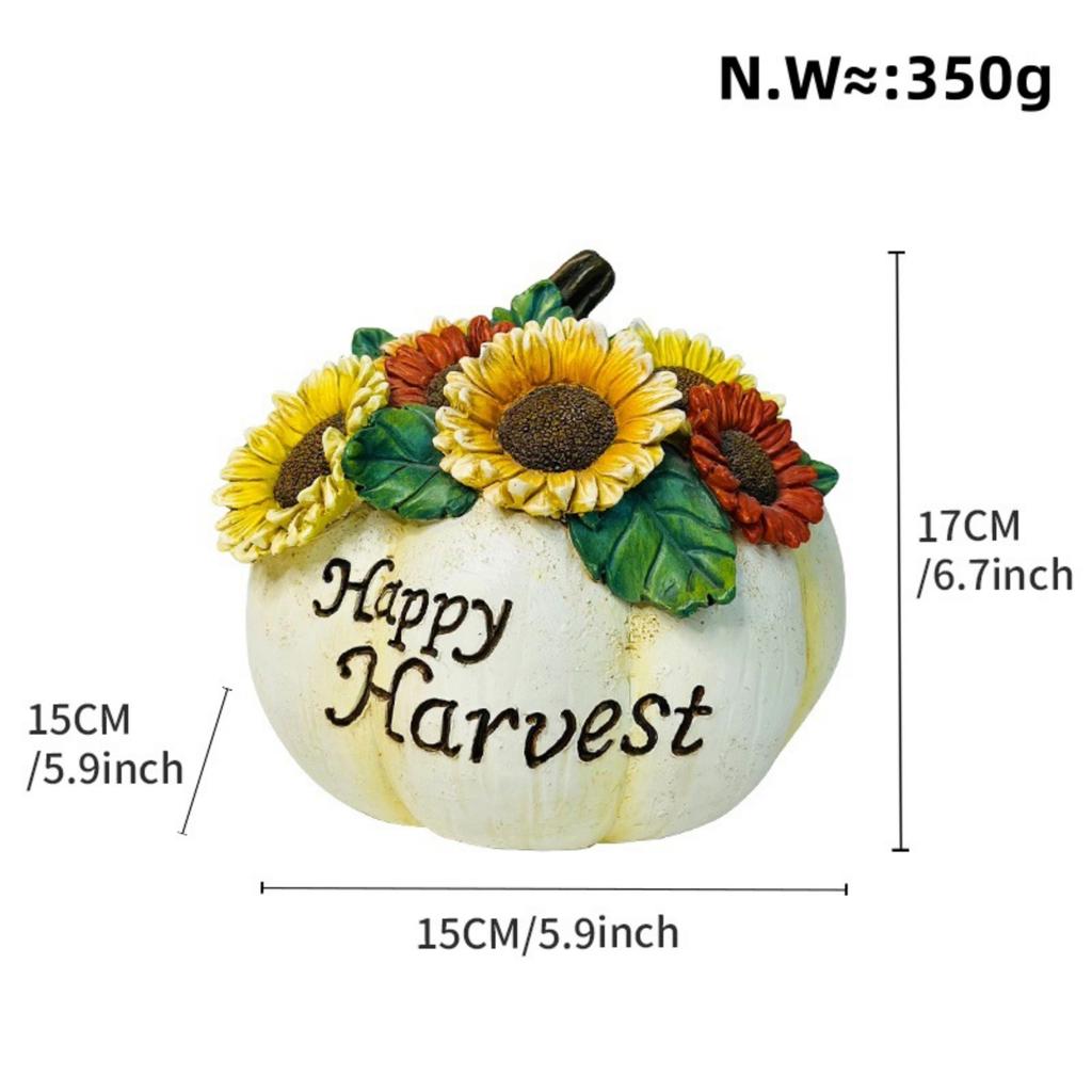 Resin Pumpkin Figurine with Sunflower Embellishment and Happy Harvest Lettering for Home Tabletop Decor Display
