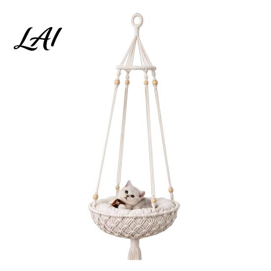 Hanging Cat Bed Boho Bed Hammock Handwoven Swing Basket with for Cats Removable Plush Cushion Cozy Indoor Home Decor Sleeping