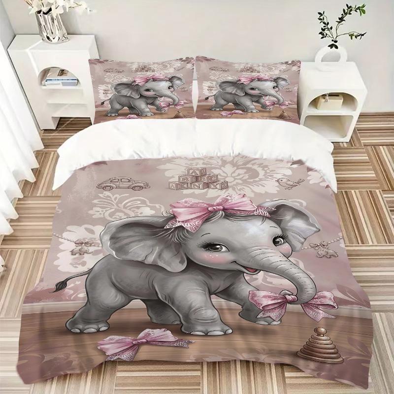 Pink Bow Elephant Playroom Print 3Pcs Bedding Setduvet Cover With 2 Bedropillowcase Home Birthday Gift