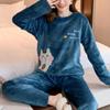 Thickened Warm Flannel Pajamas Women's Round Neck Suit Cartoon Bear Leisure Home Wear Ladies Sleepwear Loungewear Two Piece Set
