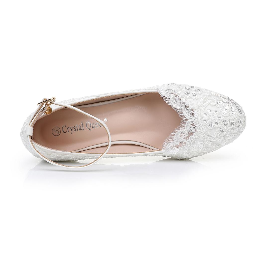 Crysta Queen женские белые кружевные свадебные туфли с блестками на высоком каблуке для вечеринки с круглым носком на заказ
