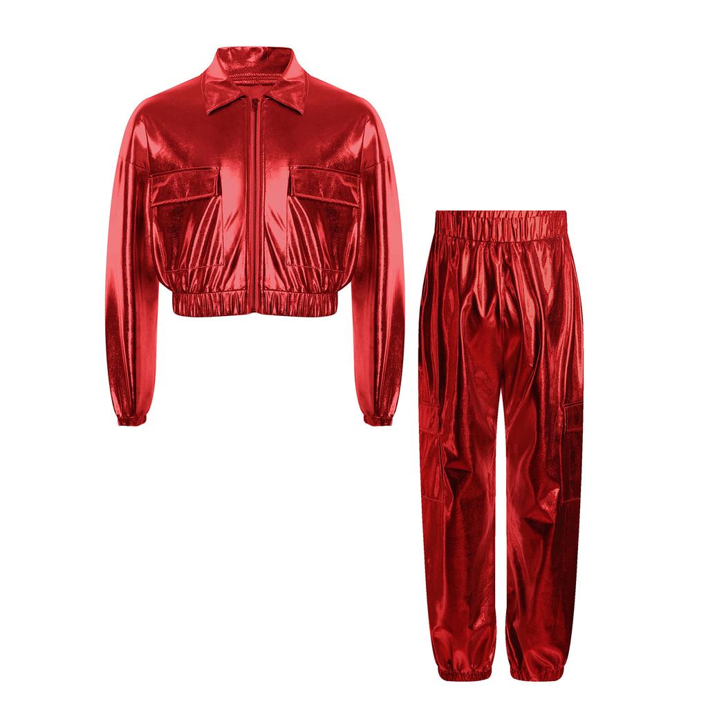 Unisex Kids Metallic Jacket Turn Down Collar Long Sleeve Outwear with Shiny Pants Dance Set