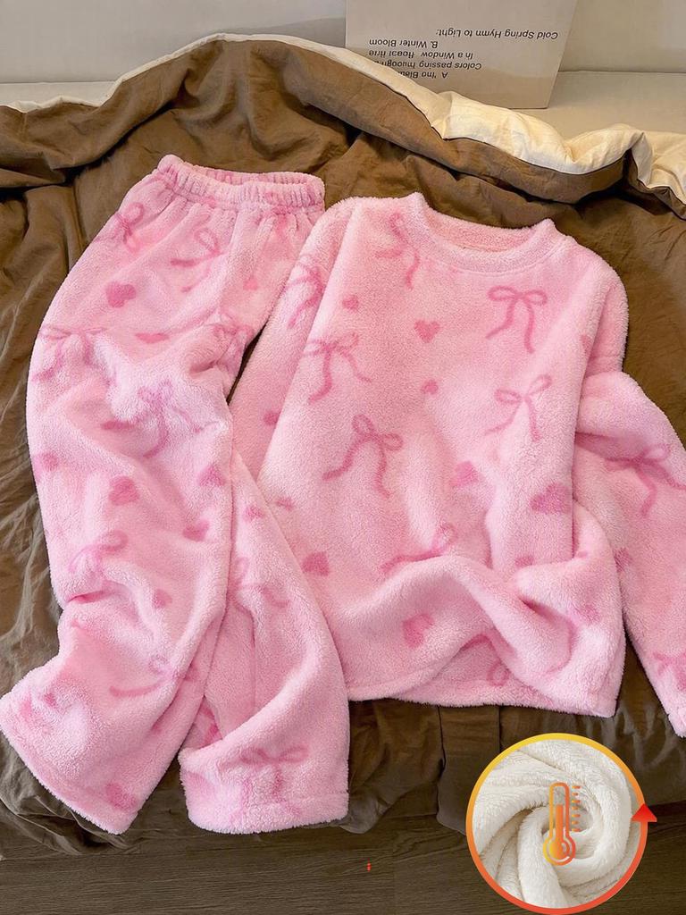 2pcs/Set Girls Fashion Minimalist Bow & Heart Print Long Sleeve & Long Pants, Winter Flannel Pajama Set. Bow Pajama Set, Girls Loungewear Set