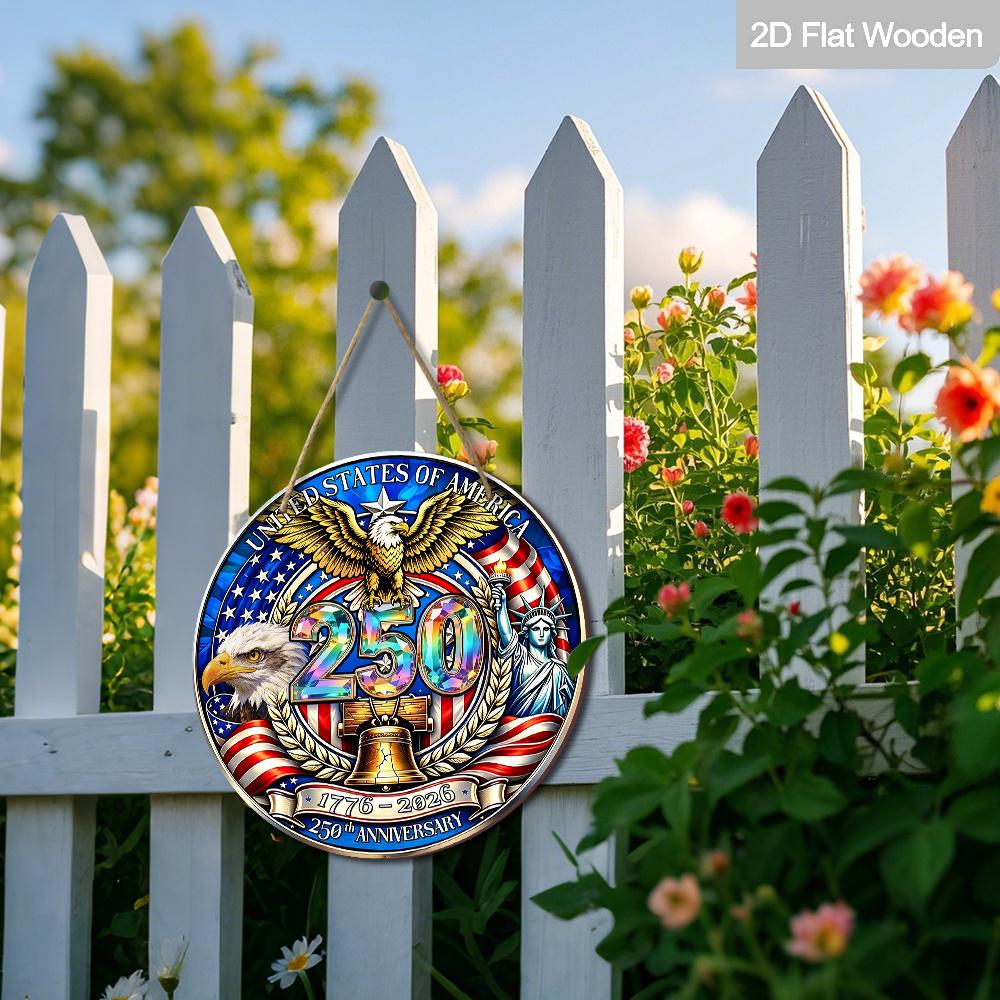 Плоский 2D Деревянный подвесной знак к 250-летию США 1776-2026, Круглая табличка в стиле витража с Белоголовым орлом, Статуей Свободы и Колоколом Свободы