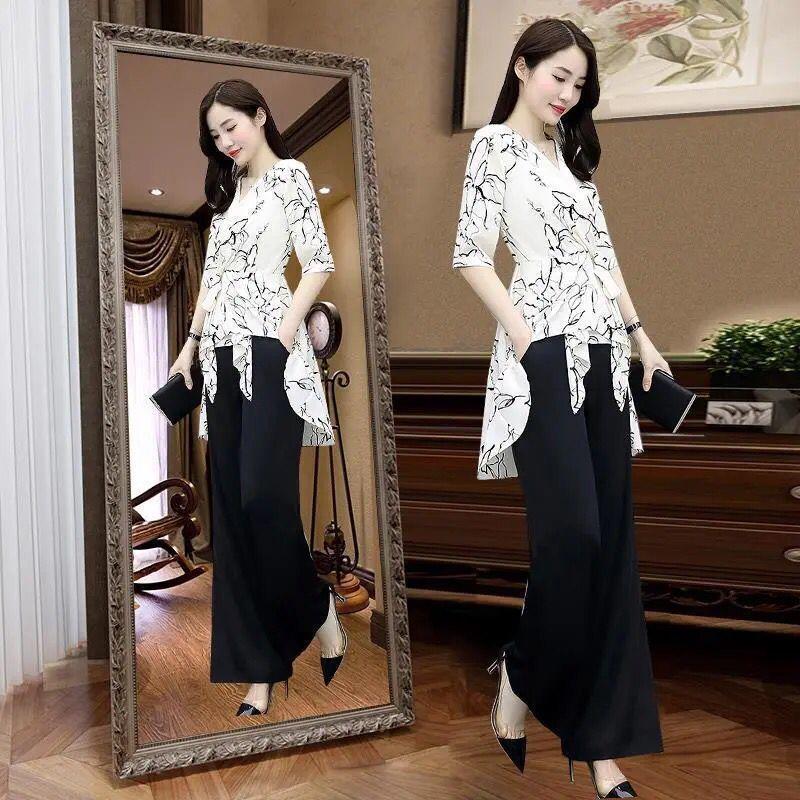 Women's Suit Casual Summer Two Piece Set Fashion Wide Leg Long Pant Half Sleeve Top Korean Style Printed Office Outfits