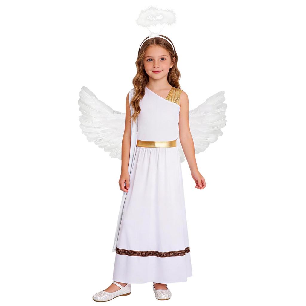 Girls 3 Pieces Greek God Roman Costume Outfit Metallic Gloss Patchwork Sleeveless Dress with Feather Angel Wings and Hair Hoop Cosplay Stage