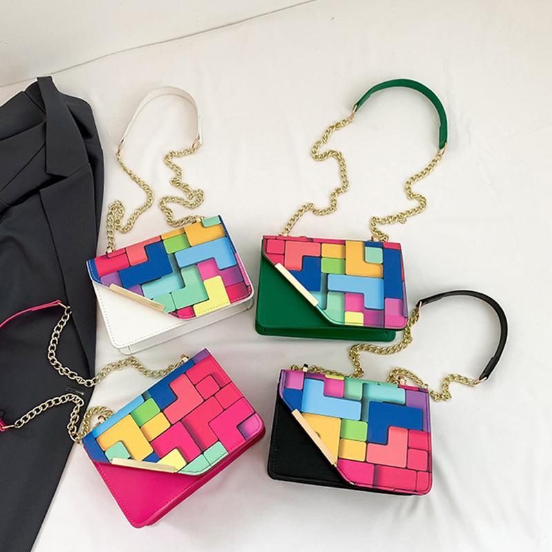 Женская маленькая квадратная сумка-слинг на плечо с клапаном из искусственной кожи, летняя, контрастного цвета, универсальная, с цепочкой, кроссбоди KTY