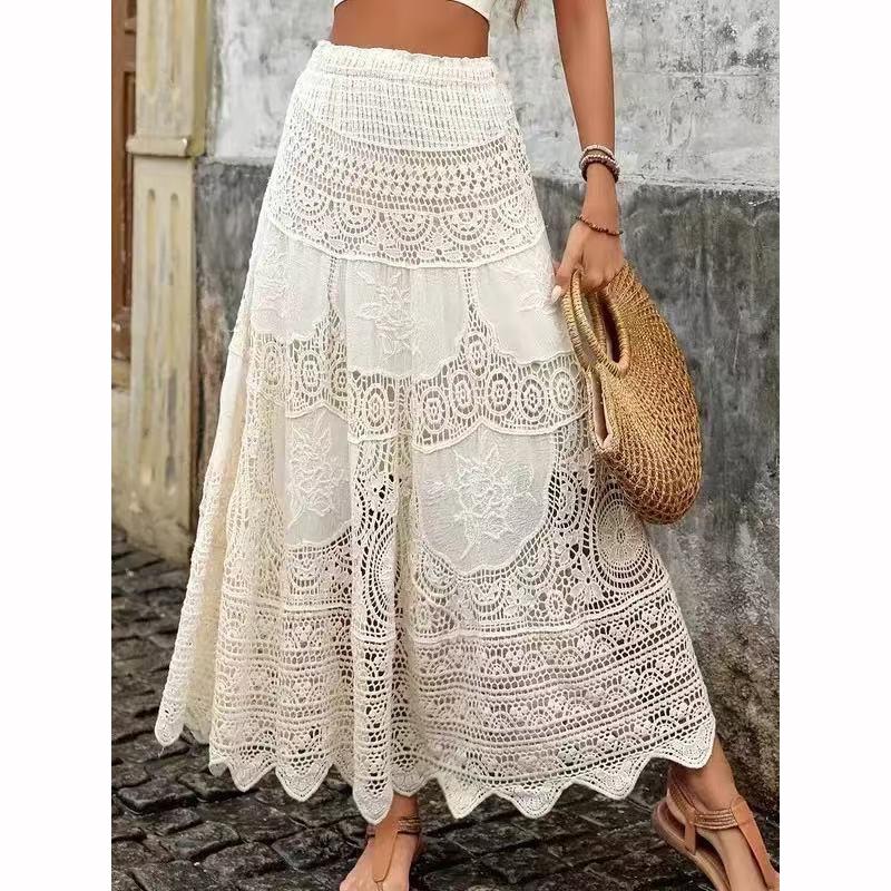 Summer Lace Flower Beach Skirts Women A Line Maxi Skirt Long Flowy Skirt Beach Outfits