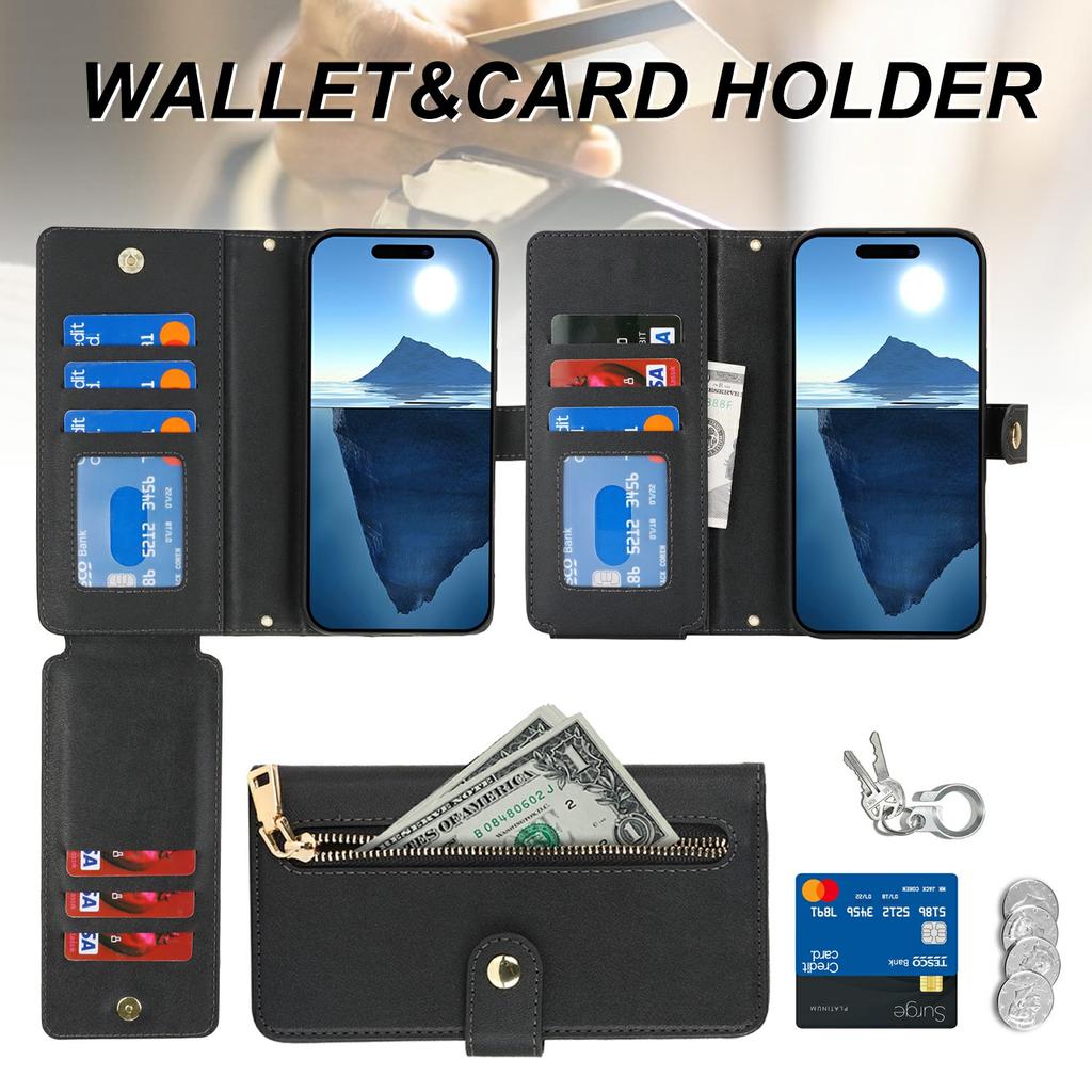 For iPhone 16 Stand Case PU Leather Phone Cover with Straps/Zipper Wallet/Multiple Card Slots