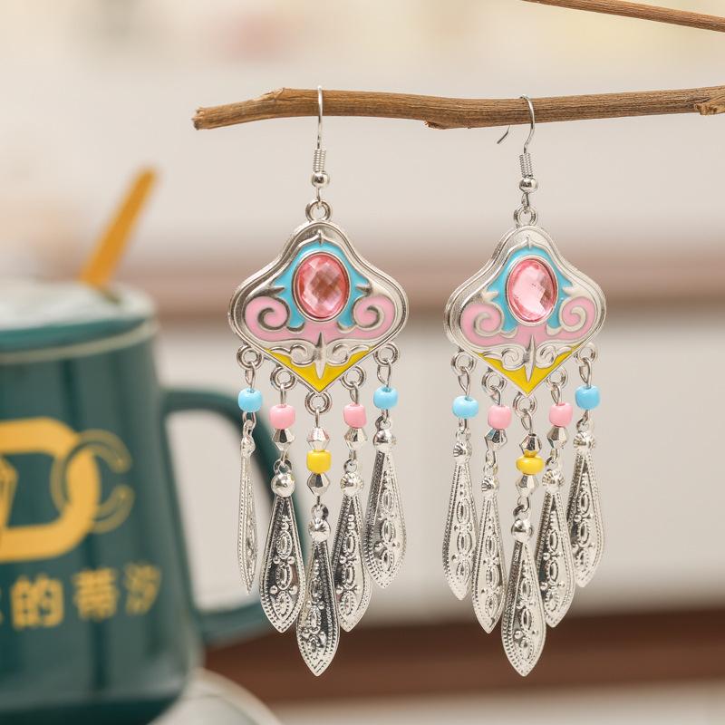 Classical Royal Style Texture Leaf Tassel Earrings Fashion Ethnic Enamel Rhinestone Elegant Earrings for Women Unique Jewelry