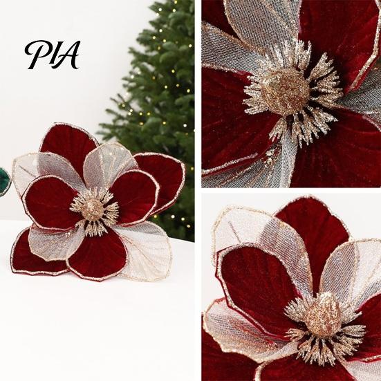 Fabric Flower Picks Christmas Glitter Magnolia Flower, Velvet Artificial Pick for Xmas Tree Embellishments and Vase, Faux Stem Ornament Holiday Party