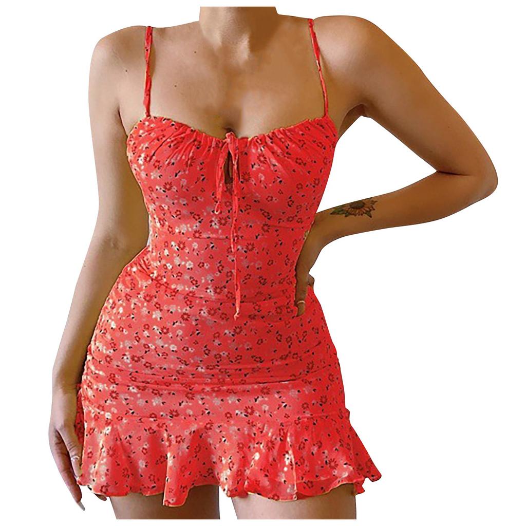 Женское весенне-летнее сексуальное платье без рукавов с вырезом на груди и цветочным принтом