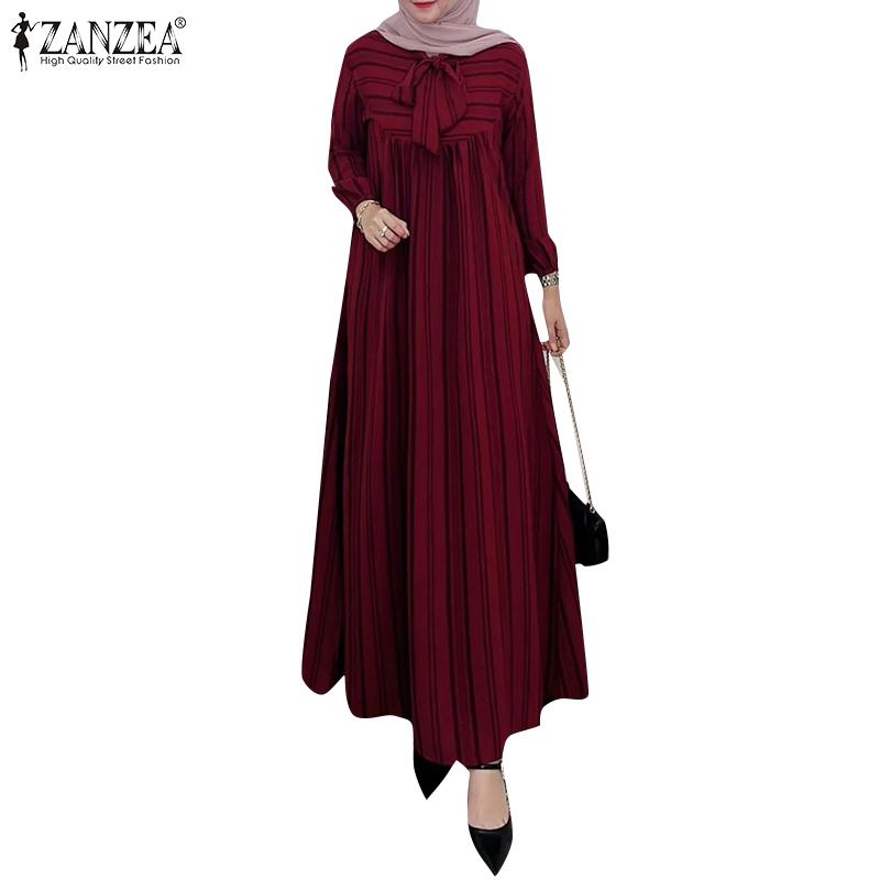 ZANZEA Женское повседневное платье с длинным рукавом и круглым вырезом в полоску с принтом