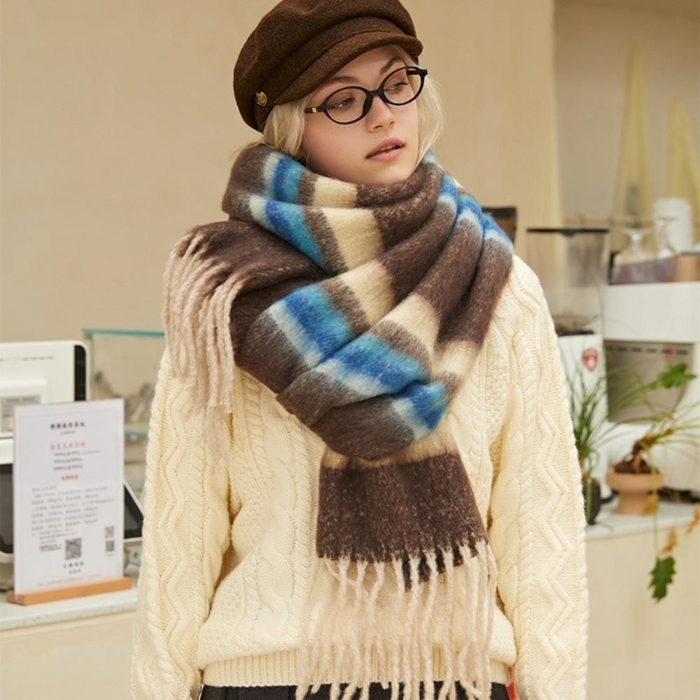 Tassel Winter Cashmere Scarves Mohair Long Shawl Retro Stripe Wool Scarf Girl