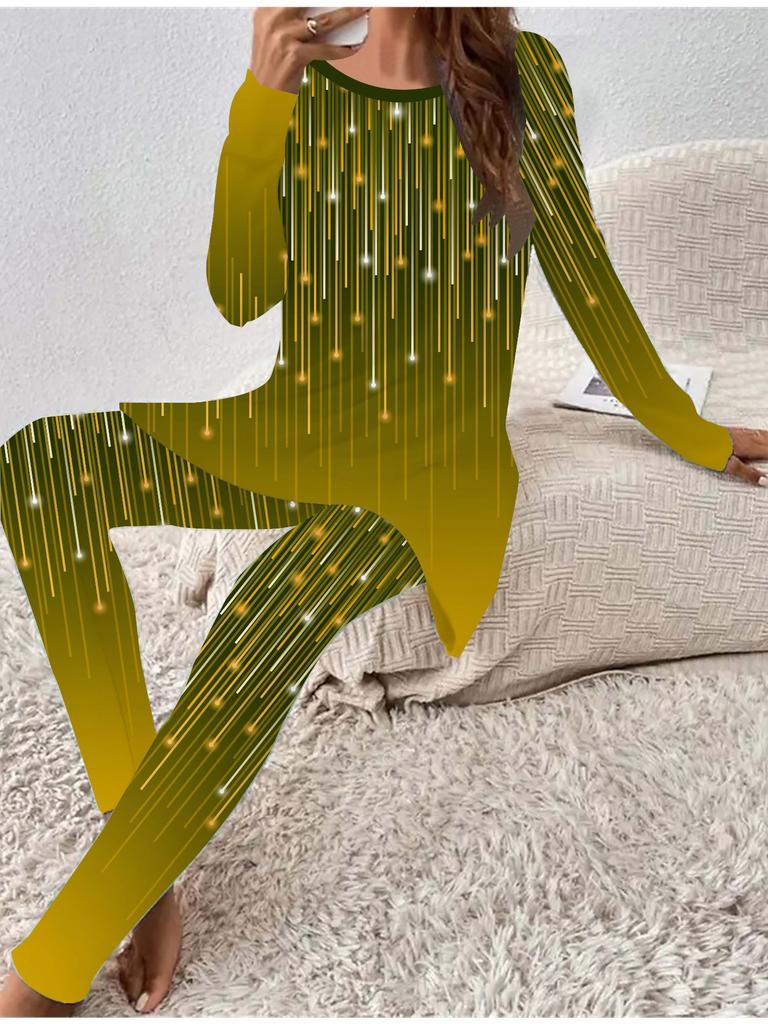 Евро-американская мода 3D принт метеора женский четырехсезонный комплект из двух частей: футболка с длинным рукавом + длинные брюки. Идеальный подарок на Новый год и Рождество