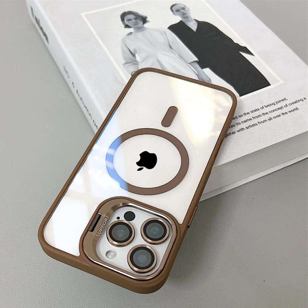 Highend Luxury Quality Magnetic Shockproof Phone Case For iPhone 16 15 14 13 12 11 Pro Max For Magsafe Funda Stand Glass Lens Protector Cover