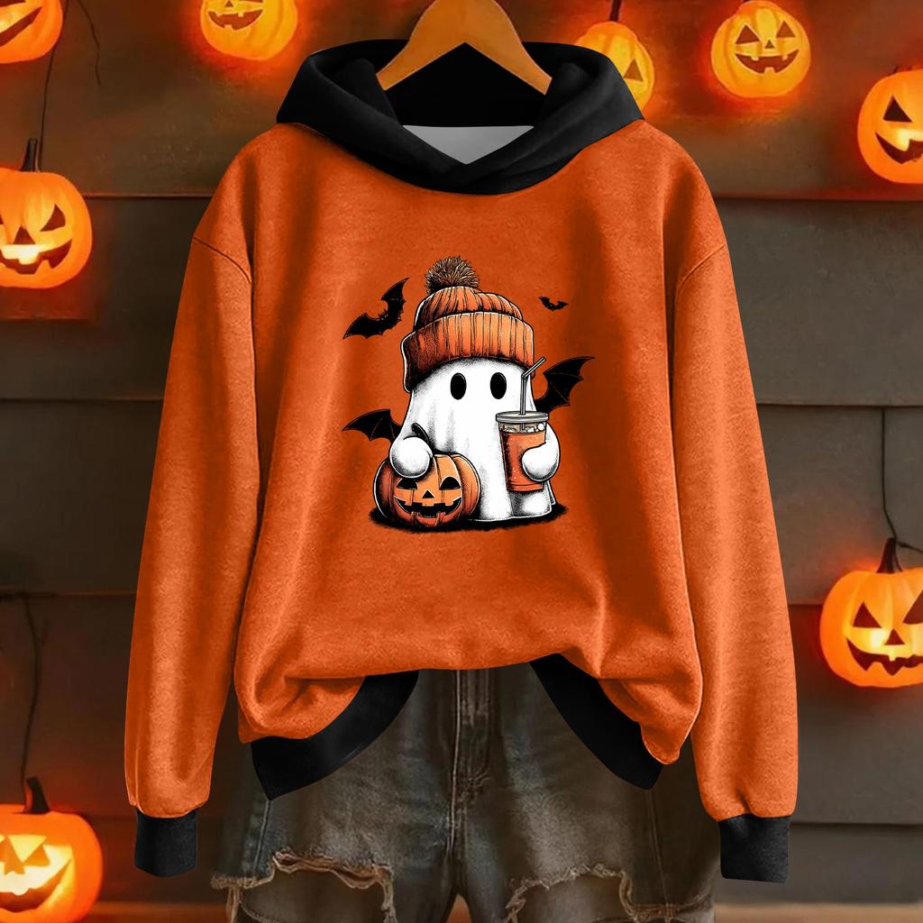 Women's Fashion Lightweight Long Sleeve Pullover With Halloween Print Hoodie