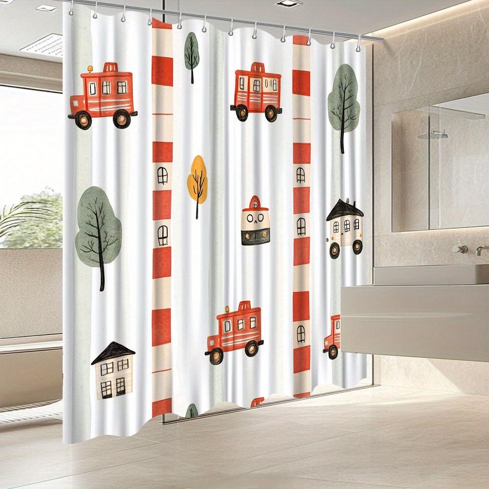 Whimsical Fire Truck Shower Curtain, Red & Green Stripes With Cartoon Trucks & Trees, Fade-Resistant Polyester, Fun Bath Decor