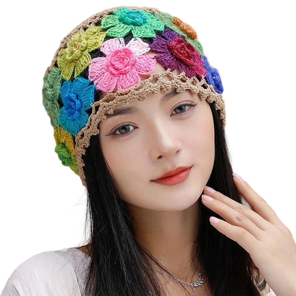 Cotton Crochet Beanie Hat With HollowOut Flower Design Summer Vacation Casual Skull Cap For Women Everyday Wear