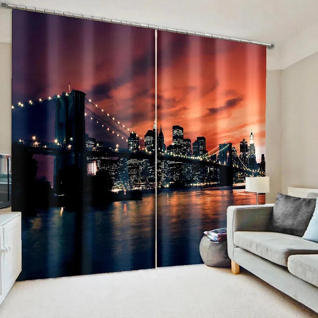 3D Город Ночная Сцена Современная Городская Архитектура Оконные Шторы Жалюзи Для Гостиной Спальни Ванной Кухни Двери Домашнего Декора2 Шт.