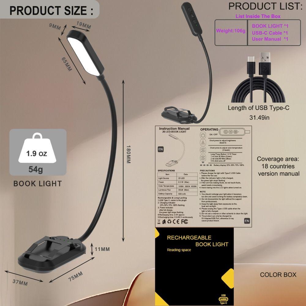 Rechargeable Clip-On Book Light 3 Colors Mini Book Light New Bookmark Lamp Travel