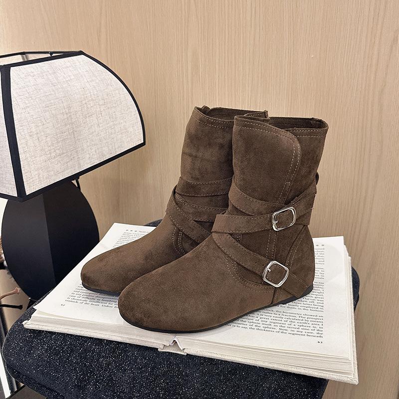 Versatile buckle belt heightening in the pile, autumn and winter brown short boots, women's retro matte new fashion boots