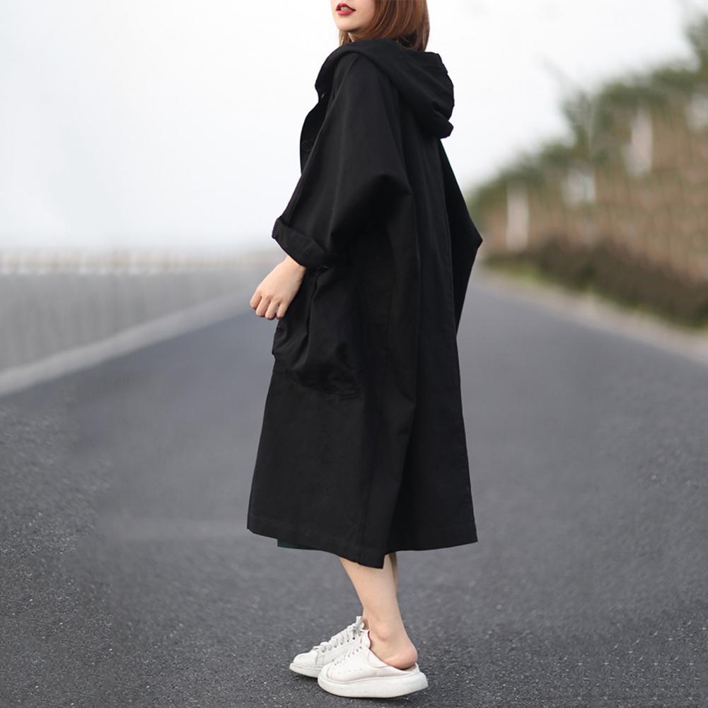 Осень-весна Женское пальто с капюшоном, однобортное, с длинными рукавами, свободный кардиган, длина до середины икры, с завязками, с большими карманами
