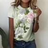 Летняя Элегантная и Свежая Женская Футболка с Принтом Зеленых и Фиолетовых Цветов Женский Повседневный Универсальный Топ с Коротким Рукавом