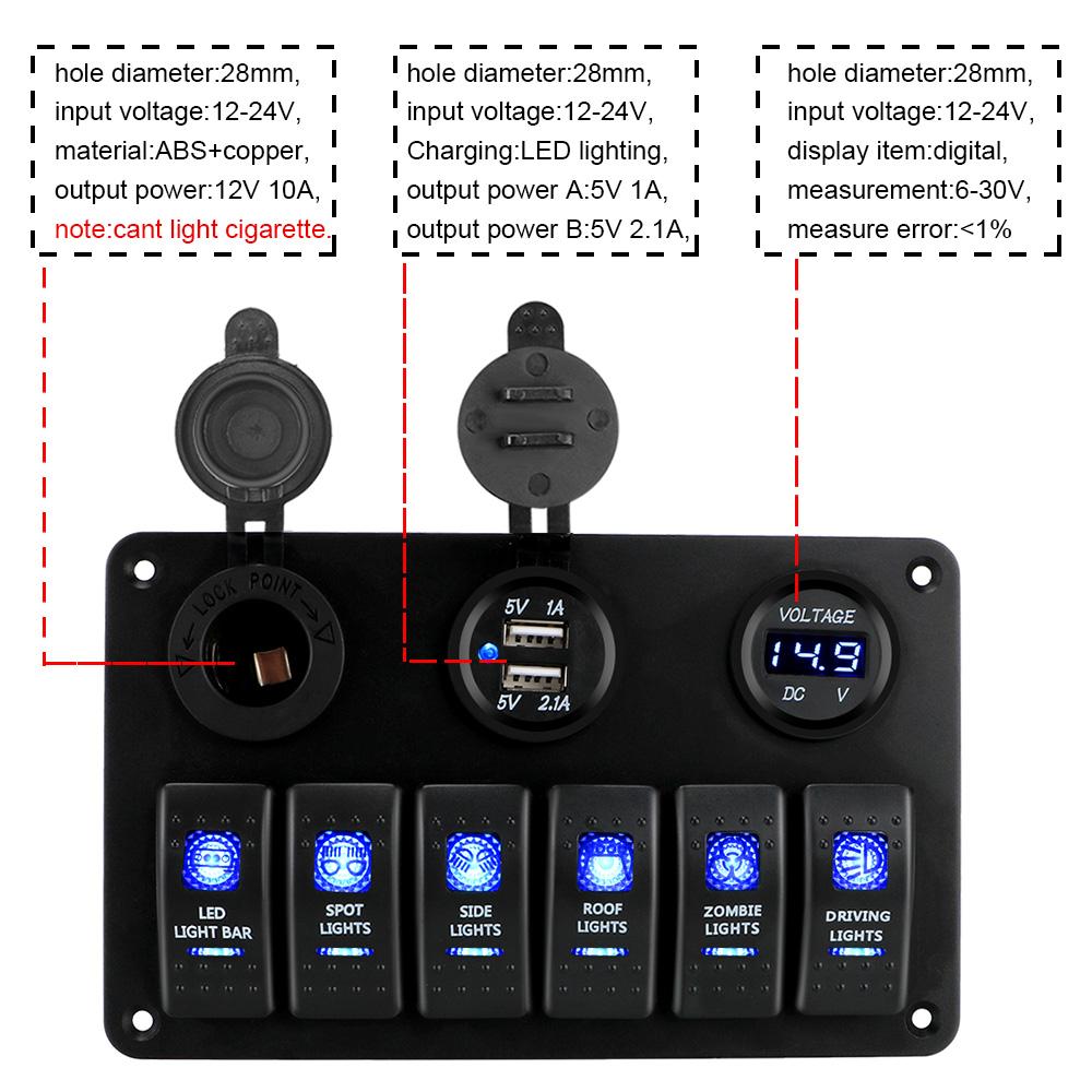 6 Gang Rocker Switch Panel Car Marine Circuit Breaker Dual USB Ports LED Digital Voltmeter DC 12V/24V ON/OFF Lights Waterproof